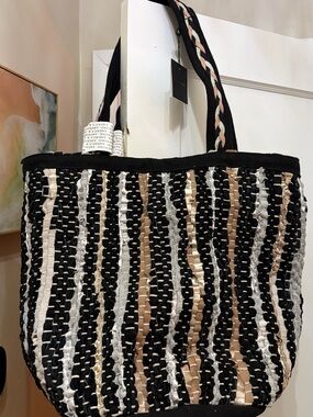 Woven Stripe Tote Bag — Black, Cream & Tan